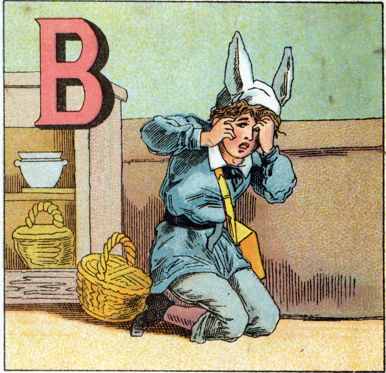 Bokstavene B som eselhette. Gravering i "Alphabet des petits ecoliers". Avbildning av Epinal, ca. 1885. Privee Collection av Unbekannt
