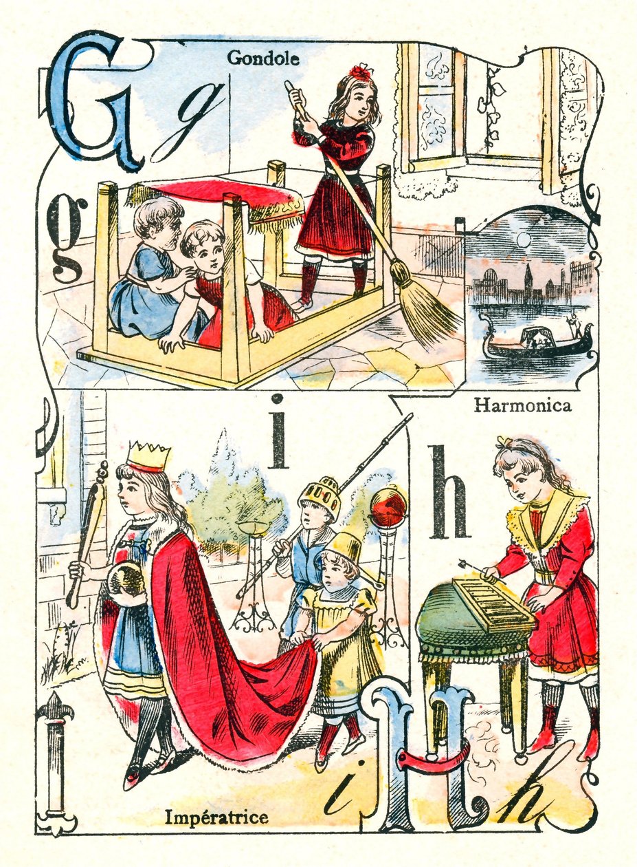 Bokstavene G, I og H. Barn som spiller gondol, imperatrice og munnspill. Gravering i "Fun Alphabet". Avbildning av Pont-a-Mousson. Trykking og publisering av Louis Vagne, slutten av 1800-tallet av Unbekannt