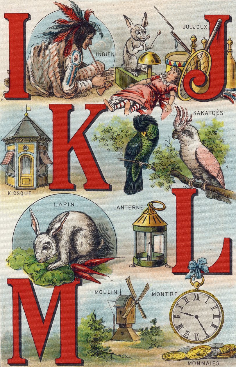 Bokstaver IJKL; indisk; Leker; kakatoer; Kiosk; lykt; Kanin; Se Mynter; mølle. Gravering i "Min barnebarns alfabet". Bernardin-Bechet og Fils, bokhandler-forlag, Paris, rundt 1895. Ubrytelig album på lerret. Babybibliotek. 12 av Unbekannt