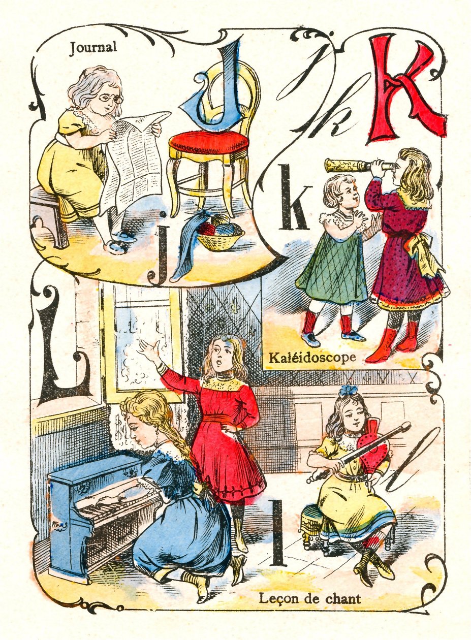Bokstavene J K og L som journal, kaleidoskop og sanglekon. Gravering i "Fun Alphabet". Avbildning av Pont-a-Mousson. Trykking og publisering av Louis Vagne, slutten av 1800-tallet av Unbekannt