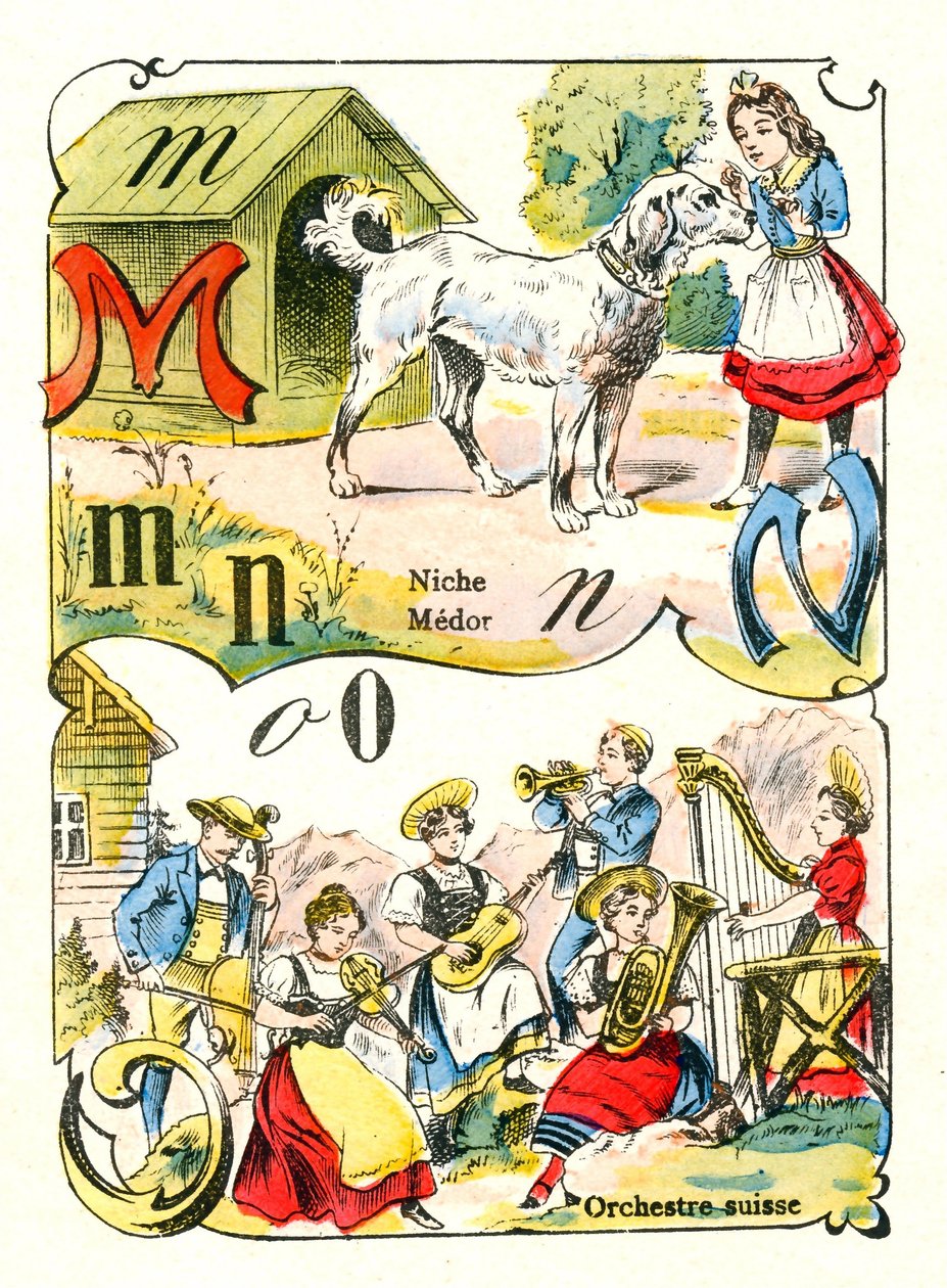 Bokstavene M N og O som Medor, Niche og Swiss Orchestra. Gravering i "Fun Alphabet". Avbildning av Pont-a-Mousson. Trykking og publisering av Louis Vagne, slutten av 1800-tallet av Unbekannt
