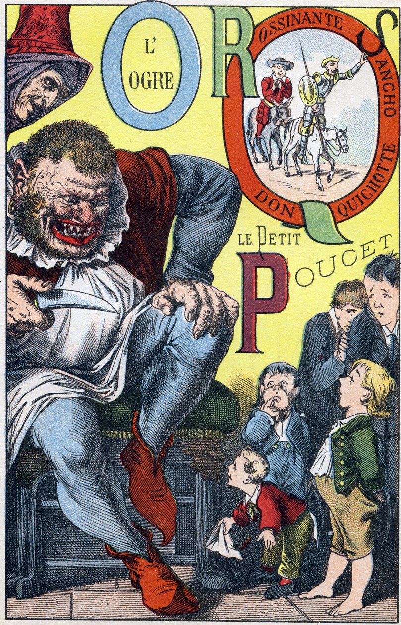 Bokstaver: OPQRS - L'Ogre et le Peucet, Don Quixote, Rossinante og Sancho - Gravering i "ABC Les Images en Alphabet" - Imaging d'Epinal - Pellerin og Cie, skriver-utgiver, Epinal, slutten av 1800-tallet, ca. 1890 - 10 sider - Størrelse: 1 av Unbekannt
