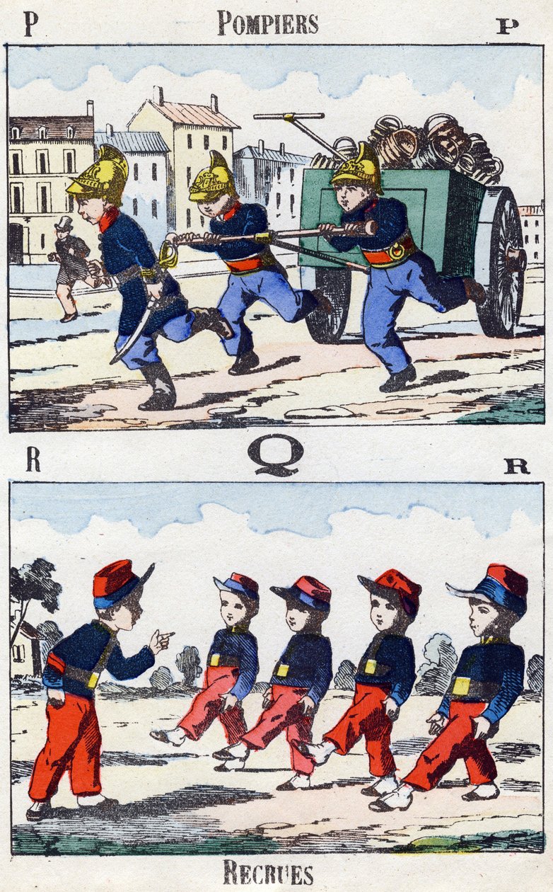 Bokstaver P Q R: Brannmenn og rekrutter. Gravering i "Alphabet militaire enfantin"". Bilder av Pont-a-Mousson, ca 1890. 20 sider. Mål: 28,5x21 cm av Unbekannt