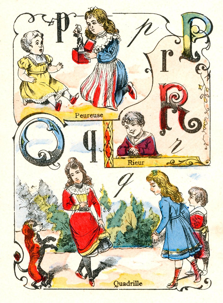 Bokstavene P Q og R som frykt, latter og kvadrille. Gravering i "Fun Alphabet". Avbildning av Pont-a-Mousson. Trykking og publisering av Louis Vagne, slutten av 1800-tallet av Unbekannt