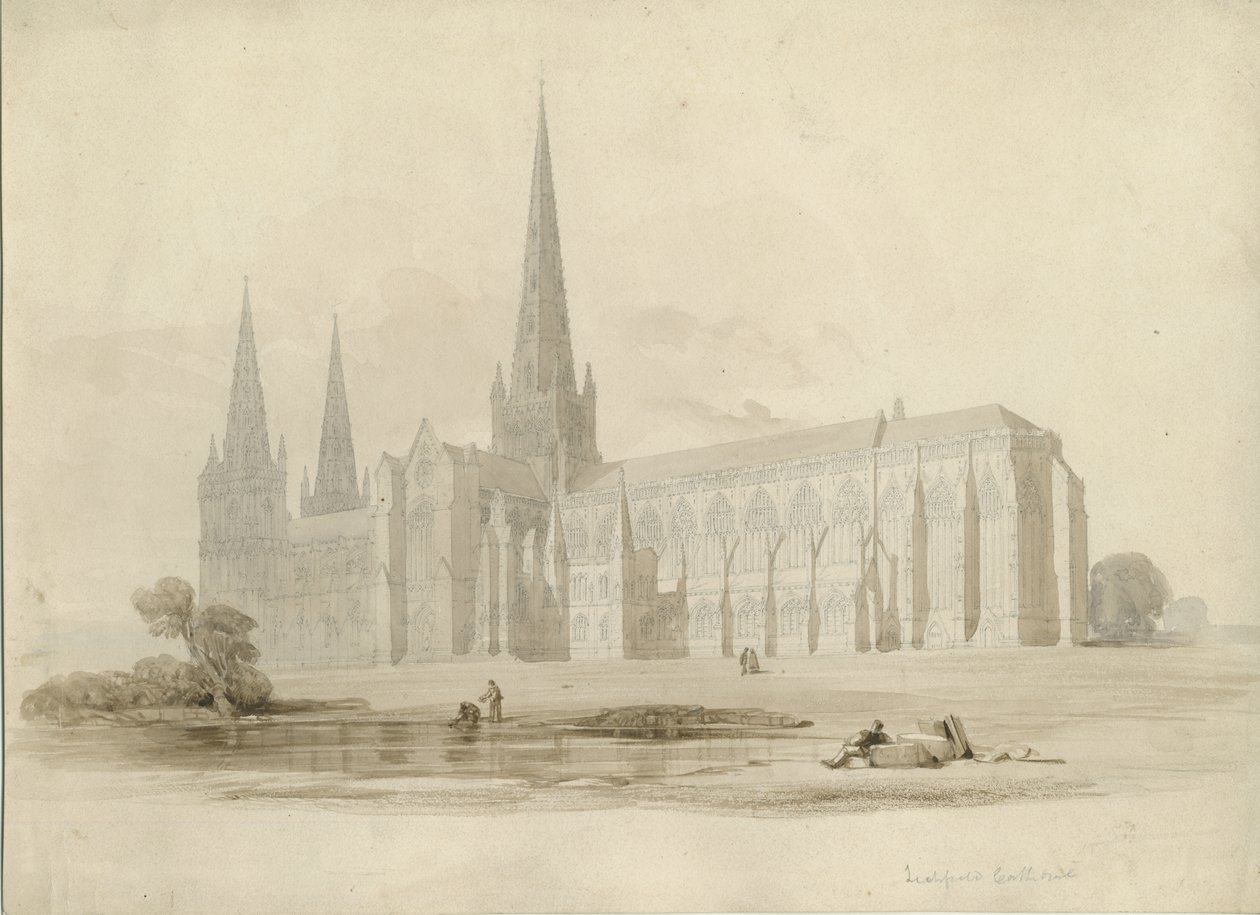 Lichfield Cathedral - South East View: tegning og vask, nd [?19th cent] av Unbekannt