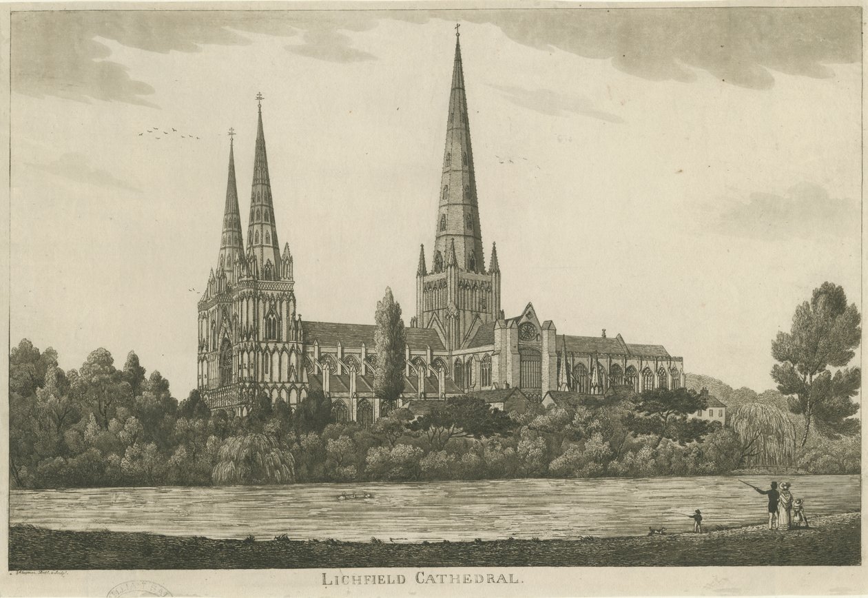 Lichfield Cathedral - South View: akvatintgravering, nd [c 1820-1830] av Unbekannt