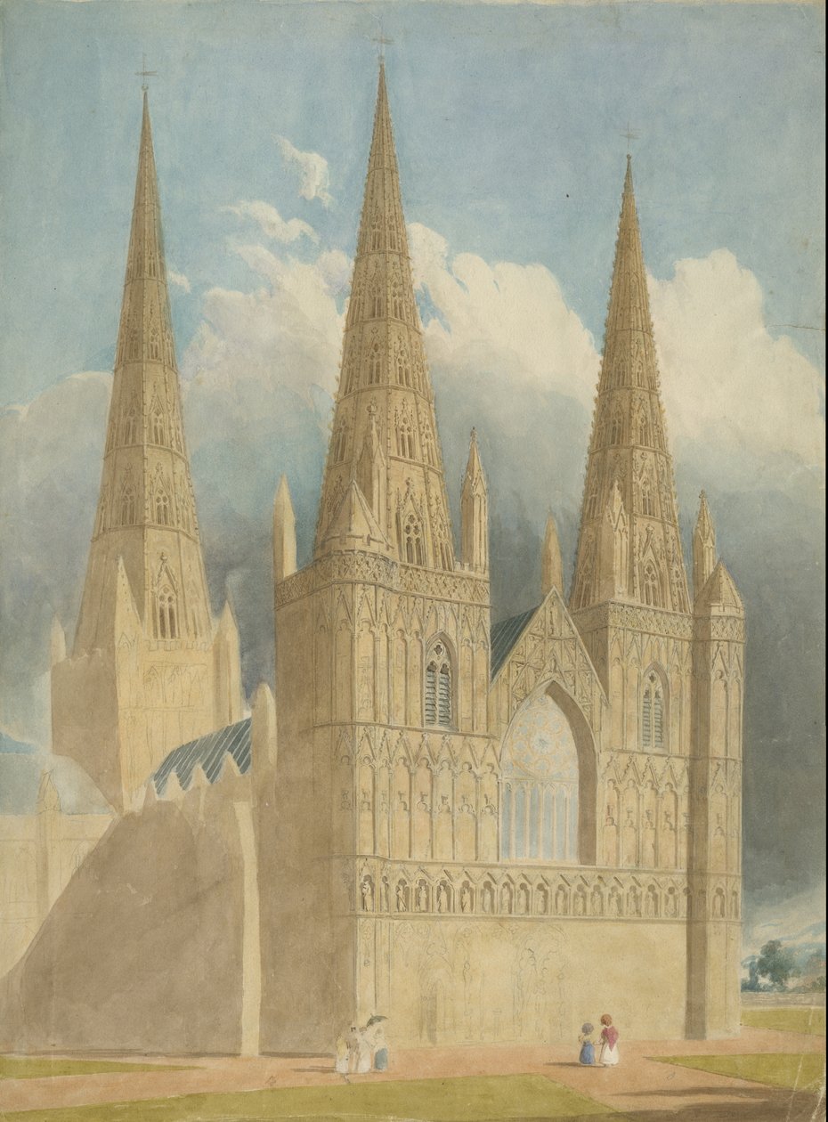 Lichfield Cathedral - West Front: akvarellmaleri, og [c 1840] av Unbekannt