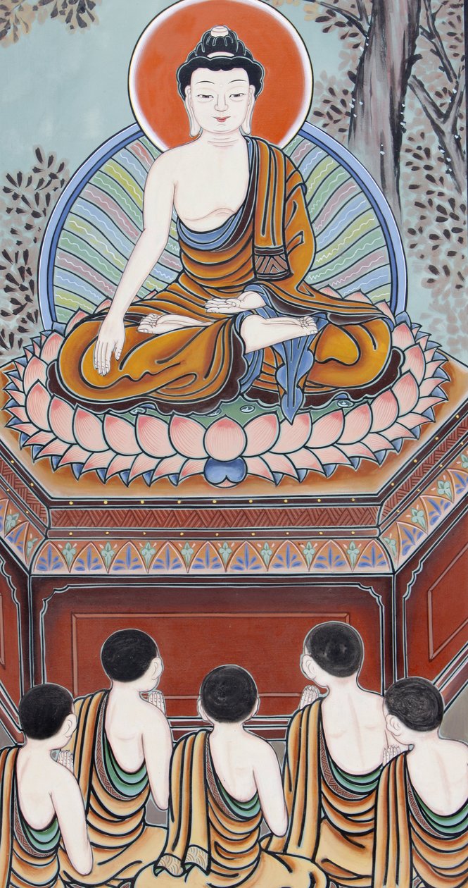 Buddhas liv Som en Buddha, en vekket en, vendte han tilbake for å lære sine fem medutøvere den edle sannheten om utilfredsstillelse, den edle sannheten om årsaken (trang), den edle sannheten om opphør og den edle 8-foldige veien som fører til opphøret av Unbekannt