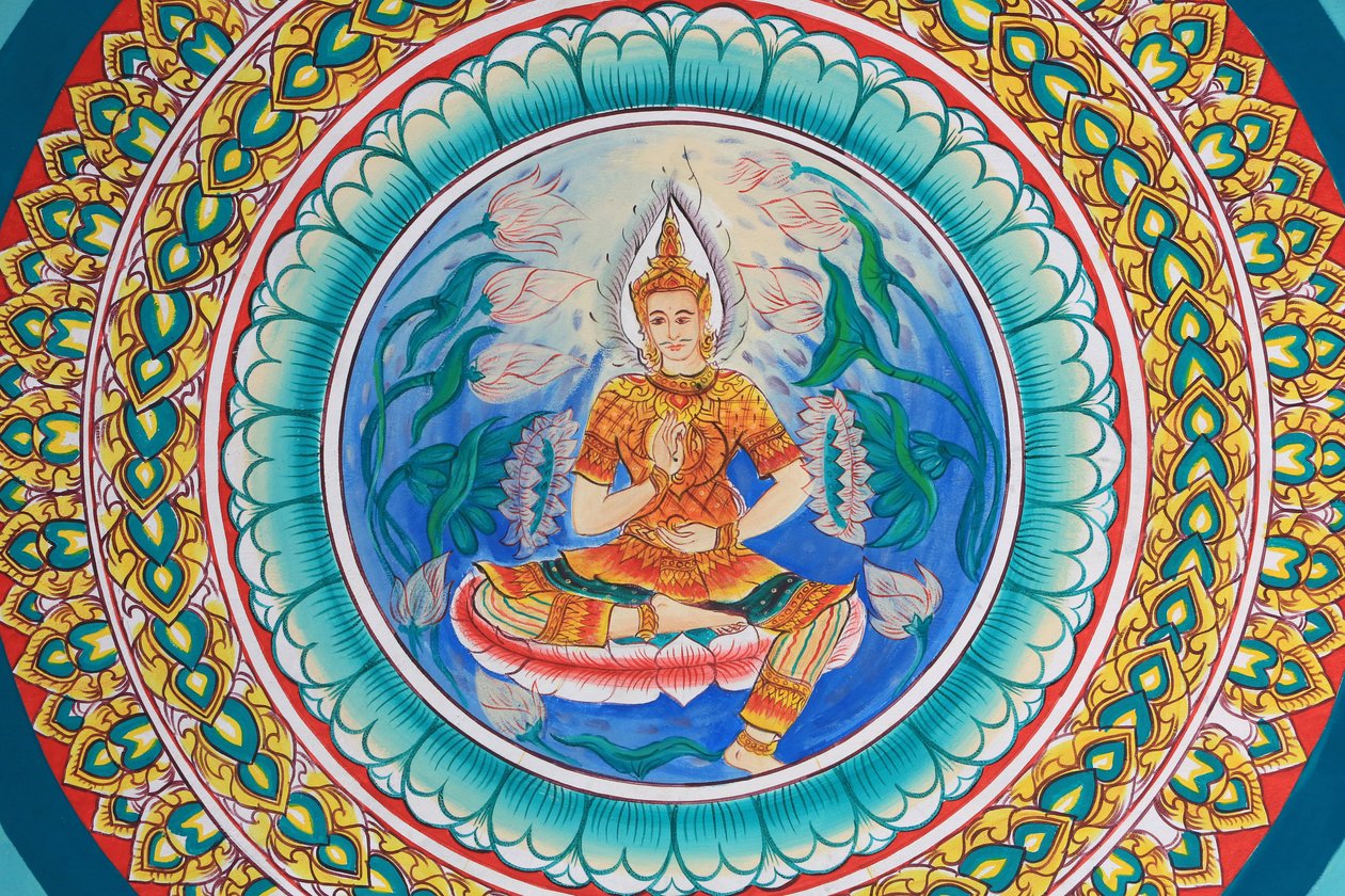 Buddhas liv. Takkunst som viser Buddhas liv. Wat Inpeng. Ventiane. Laos, 20151029, Vientiane, Laos av Unbekannt