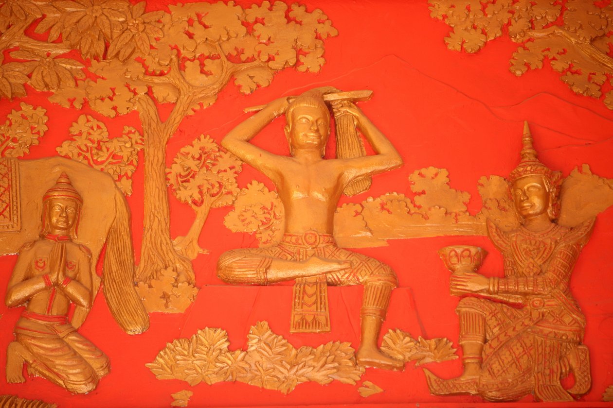 Buddhas liv. The Great Tonsure: Buddha klipper håret med sverdet sitt. Phnom Penh Kambodsja av Unbekannt