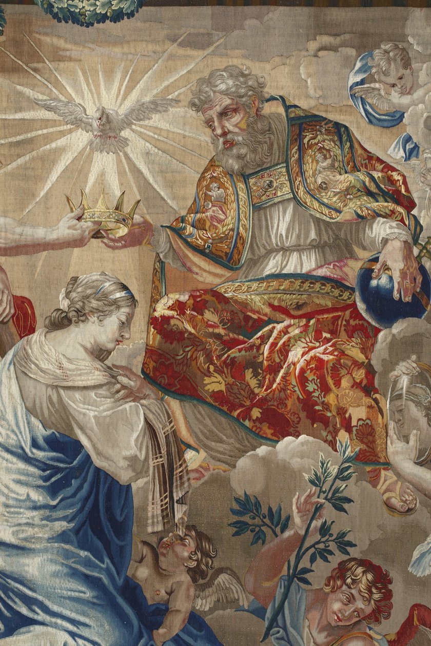 Jomfruens liv: "Coronation of the Virgin" Detalj som skildrer Gud og Den Hellige Ånds due over Jomfruen - Ull- og silketeppe laget i verkstedet til Pierre Damour fra Charles Poersons tegninger (1609-1667) av Unbekannt