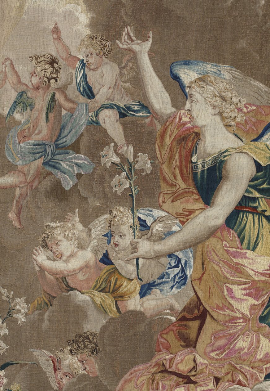 Jomfruens liv: "Bebudelsen"" - Detaljteppe av ull og silke laget i verkstedet til Pierre Damour etter tegningene til Charles Poerson (1609-1667) av William M. Timlin