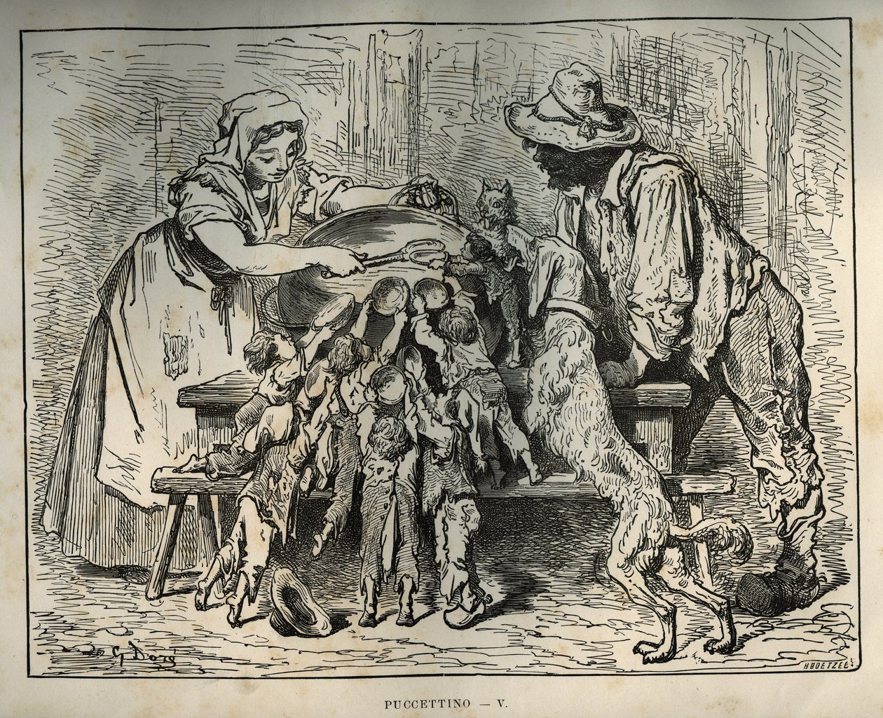 Lille Poulet og hans sultne brødre. Gravering av Gustave Dore (1832-1883) fra "" Les contes"" av Charles Perrault (1628-1703) av Unbekannt