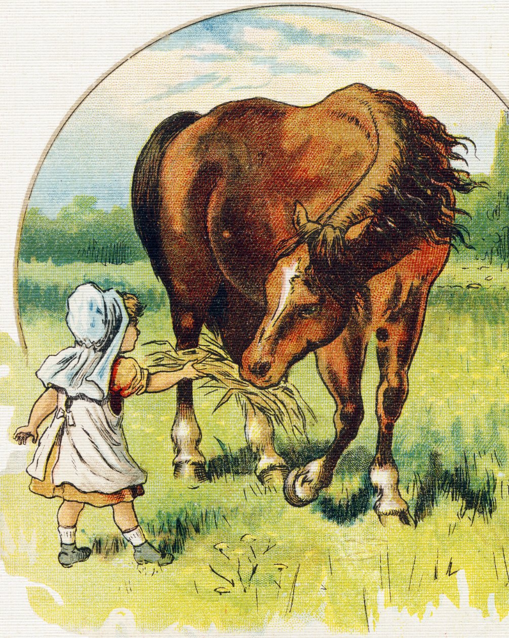 Liten jente som gir høy til en hest. Gravering i "ABC L'alphabet des bebes". Ubrytelig volum på lerret i kromolitografi. A. Capendu, redaktør, Paris. Tidlig på 1900-tallet, rundt 1905. Bilder av engelsk opprinnelse, ledsaget av ord på fransk  av Unbekannt