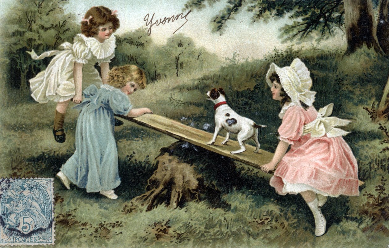 Små jenter som leker med et trebrett (swing eller rumpebånd) - Postkort sent på 1800- og 1900-tallet av Unbekannt