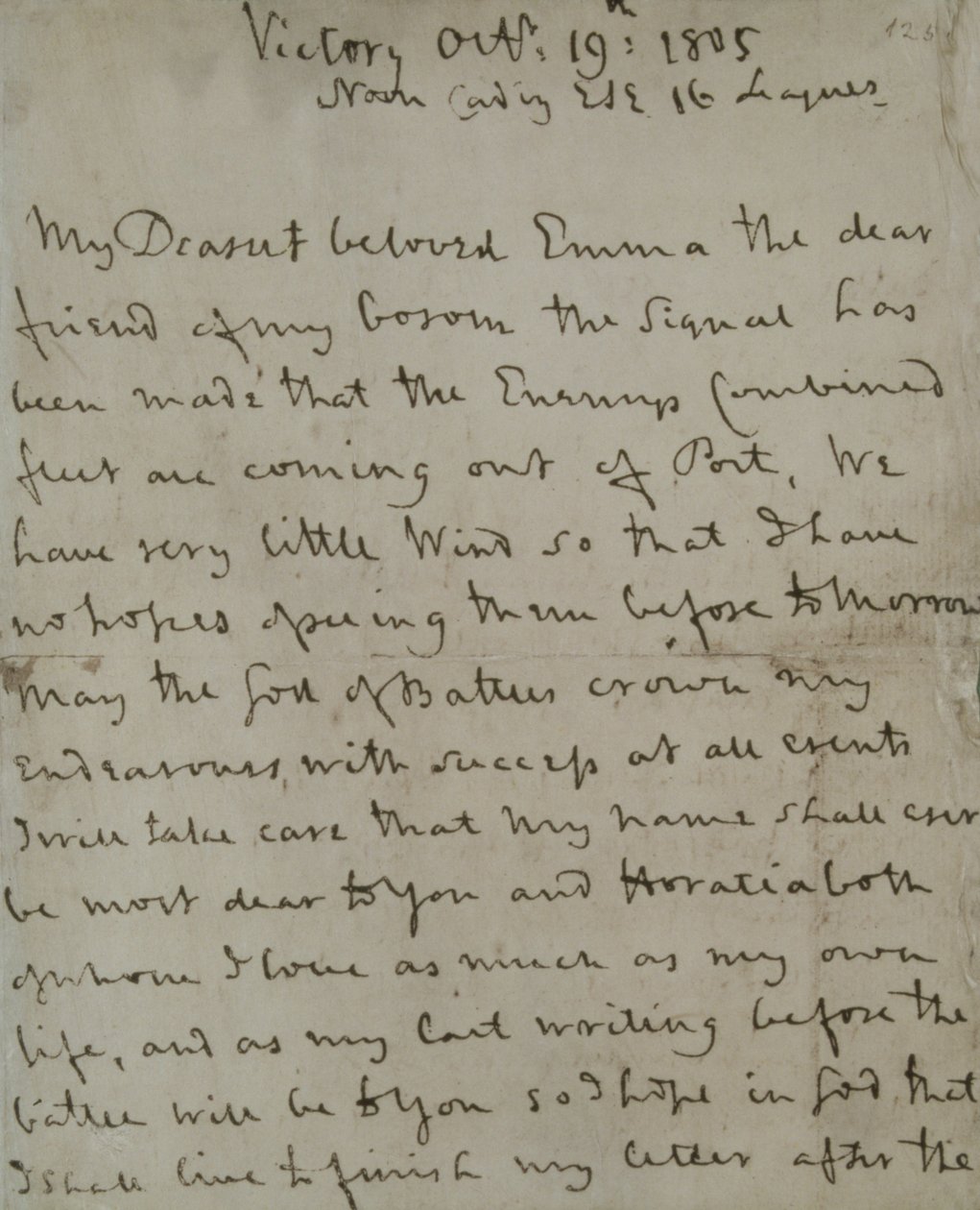 Lord Nelsons (1758-1805) siste brev til Emma Hamilton, skrevet fra "Seieren" før slaget ved Trafalgar av Unbekannt