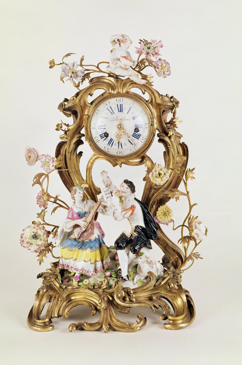 Louis XV ormolu og porselensklokke, med Meissen-figurer av Unbekannt