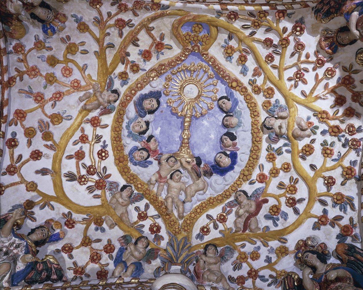 Lav vinkelvisning av et veggmaleri på kuppelen til en kirke, Santo Domingo Church, Oaxaca, Oaxaca State, Mexico av Benjamin Baud