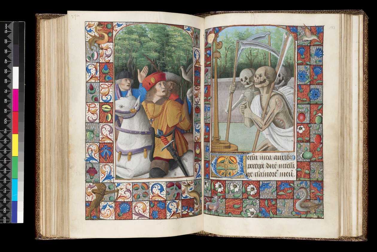 MS 92 f.132v-133r, De dødes kontor, Matins, De tre levende og de tre døde, fra en timebok, vestlige Frankrike, bruk av Roma, 1490-1510 av Unbekannt