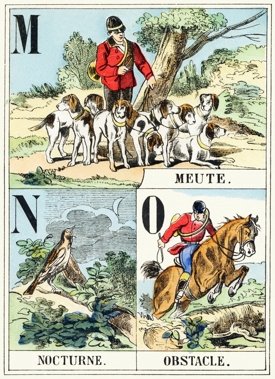 M N O : Meute, Nocturne, Hindring - Jaktalfabetet, ca. 1890 (gravering) av Unbekannt