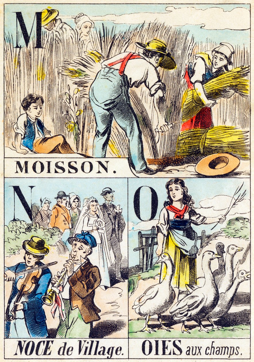 M N O : Moisson, Noce de village, Oies aux champs - "Alphabet of the farm" slutten av 1800-tallet (gravering) av Unbekannt