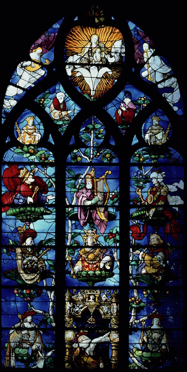 Madonna og barn med engler og portretter som gjenspeiler beskyttelsen til en lokal bispelig beskytter, ca. 1200-tallet (farget glass) av Unbekannt