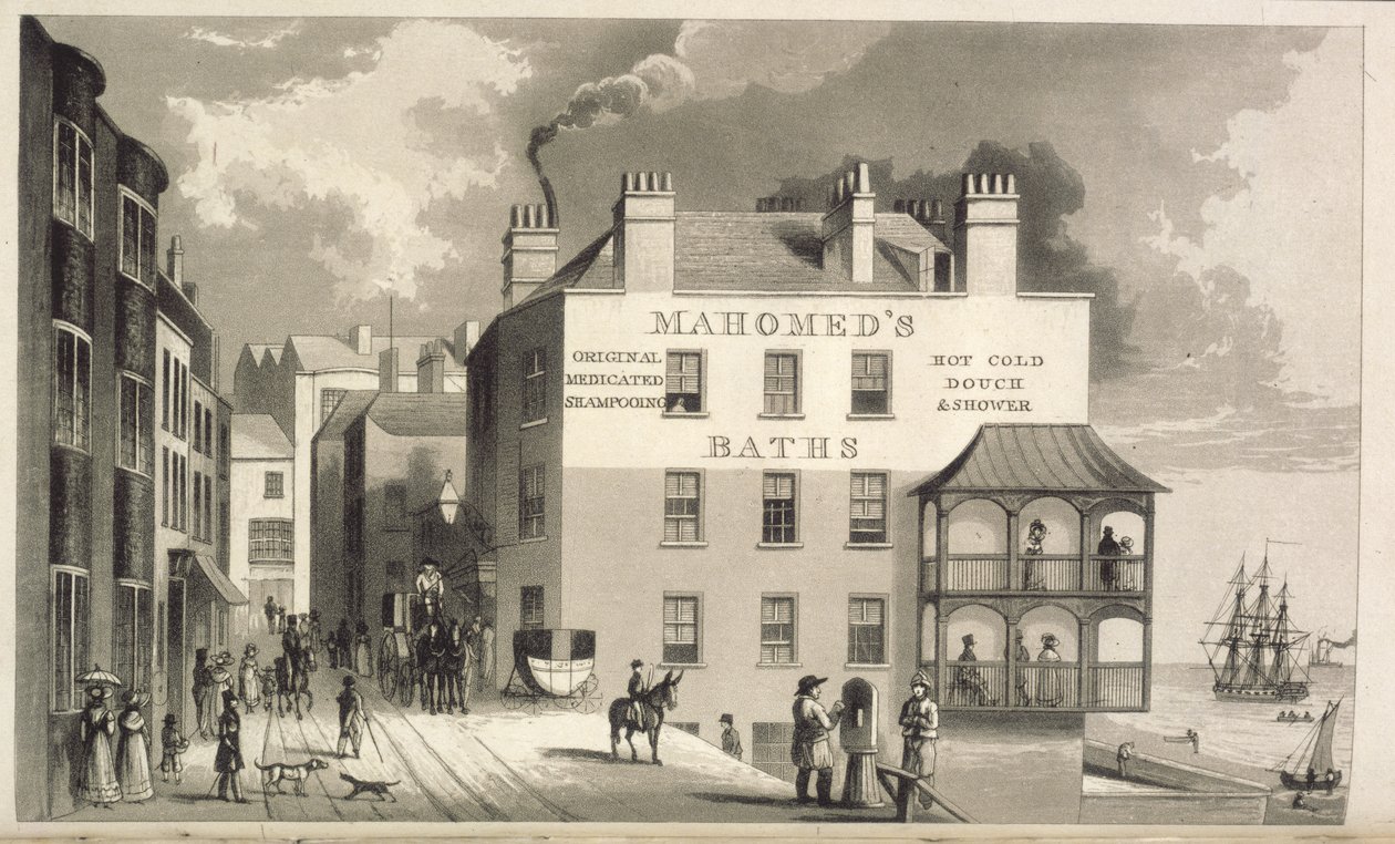 Mahomeds bad. En utsikt over forretningslokalene, i Brighton, til Sake Dean Mahomed av Unbekannter Künstler