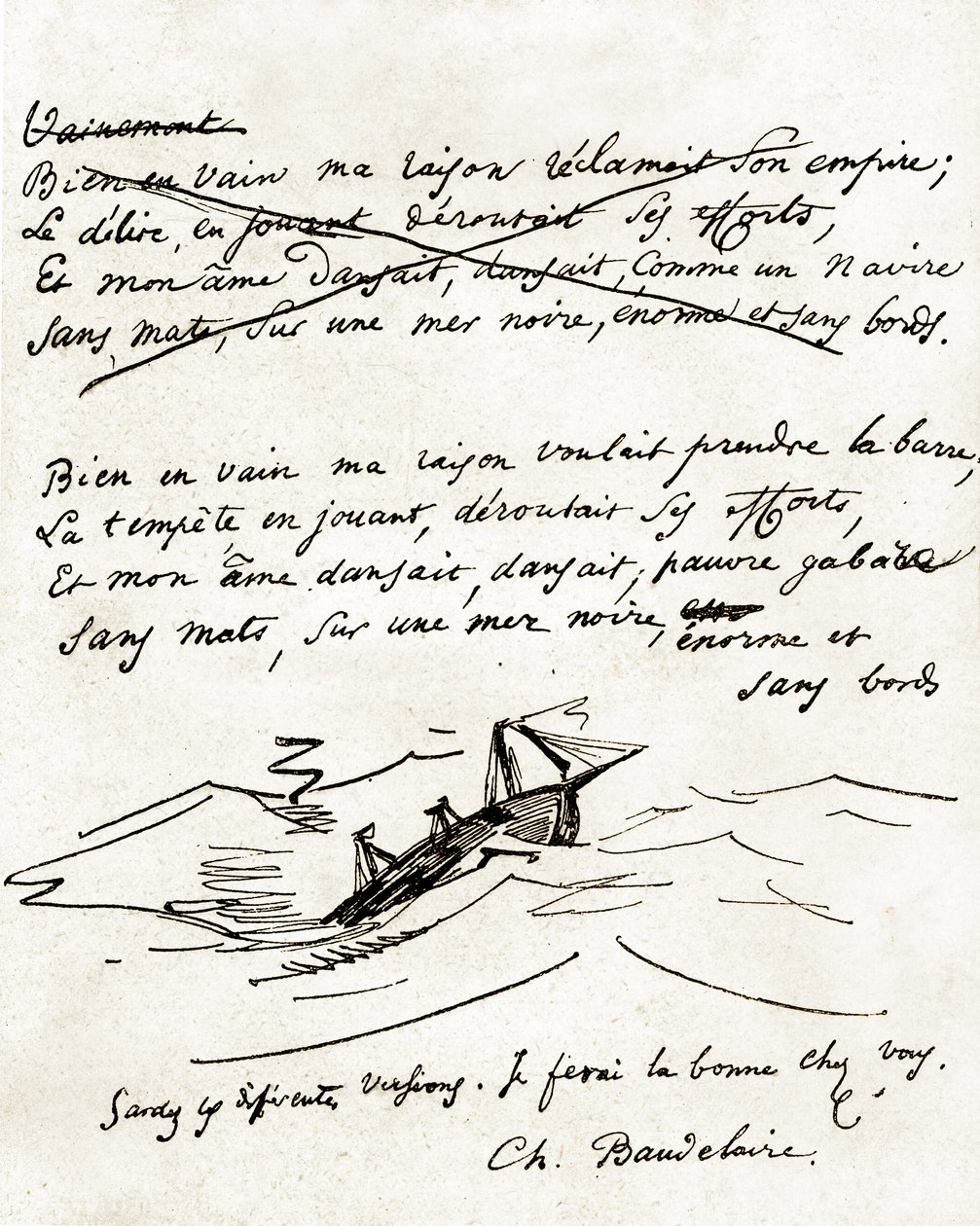 Manuskript av Charles Baudelaire, illustrert med en tegning av en båt av Unbekannter Künstler