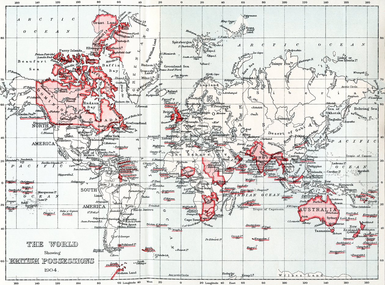 Kart over verden som viser britiske eiendeler i 1904. av Unbekannt