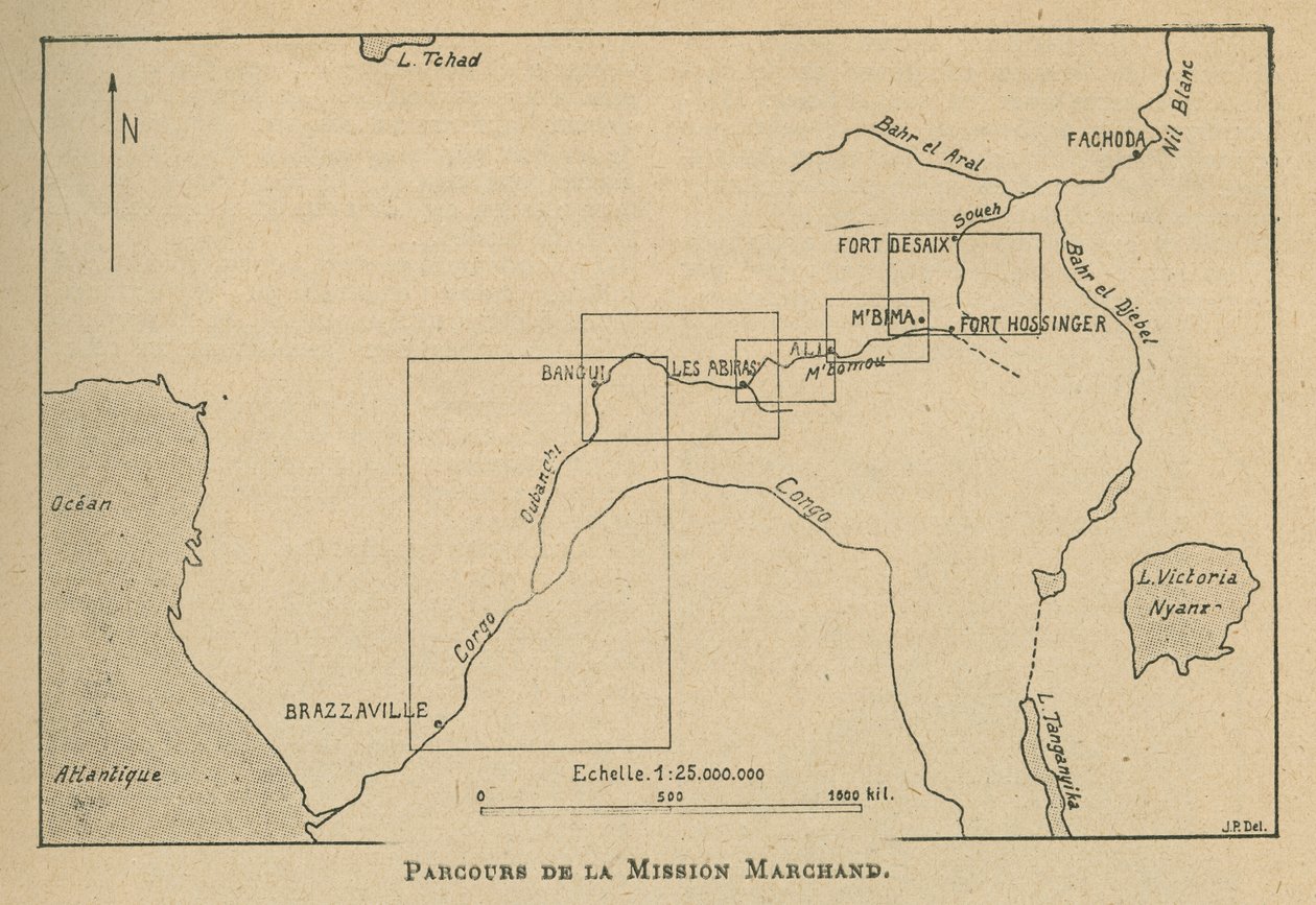 Kart som viser ruten til Marchand-misjonen i 1898 (litho) av Unbekannt