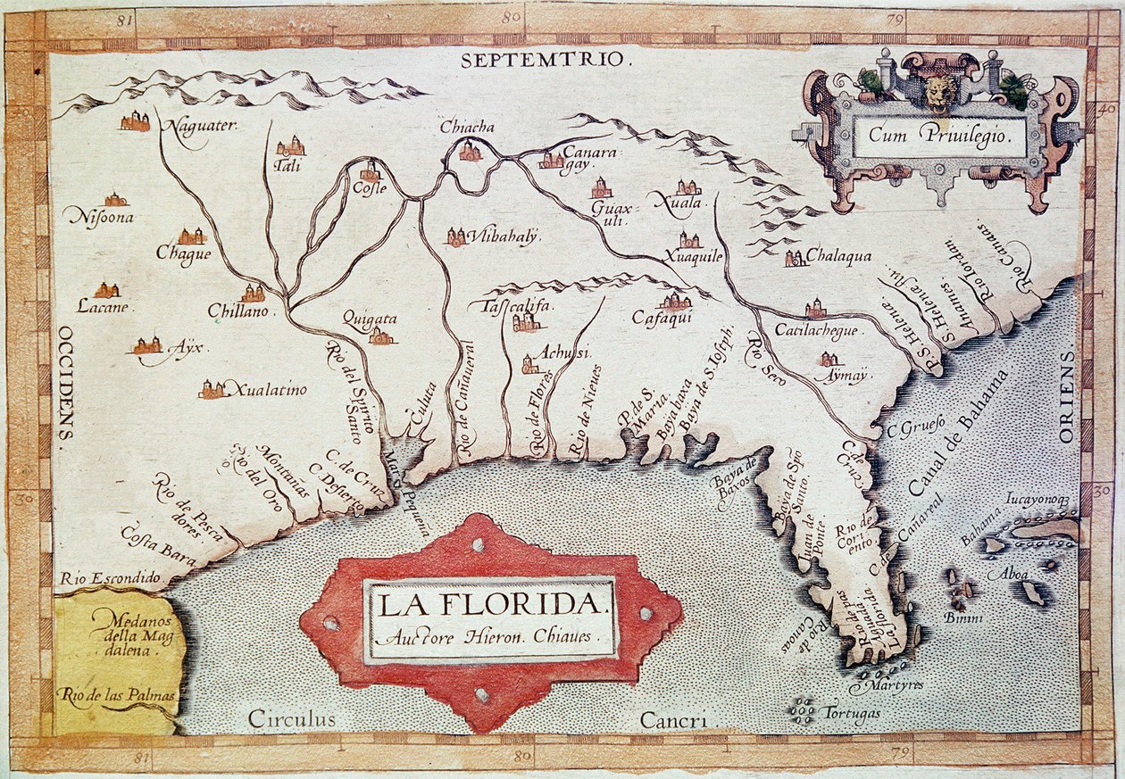 Kartlegging «Florida». Vi kan se Kreftens vendekrets, Bahamas og Tortugasøyene. I «Theatre Orbis Terrarum»» av kartografen Abraham Ortelius (1527-1598) av Unbekannter Künstler
