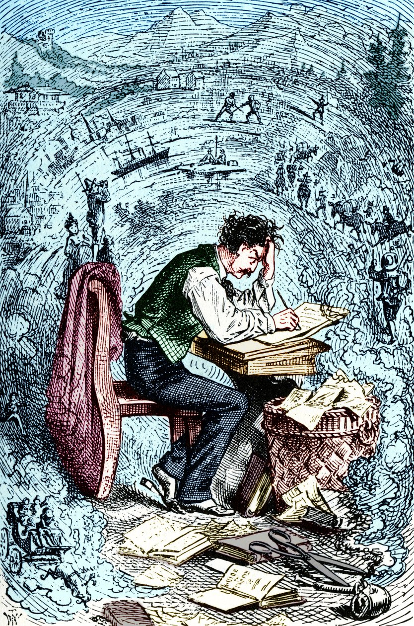 Mark Twain skriver 'The Innocents Abroad', første gang utgitt 1869. Amerikansk forfatter: 30. november 1835 21. april 1910. av Unbekannt