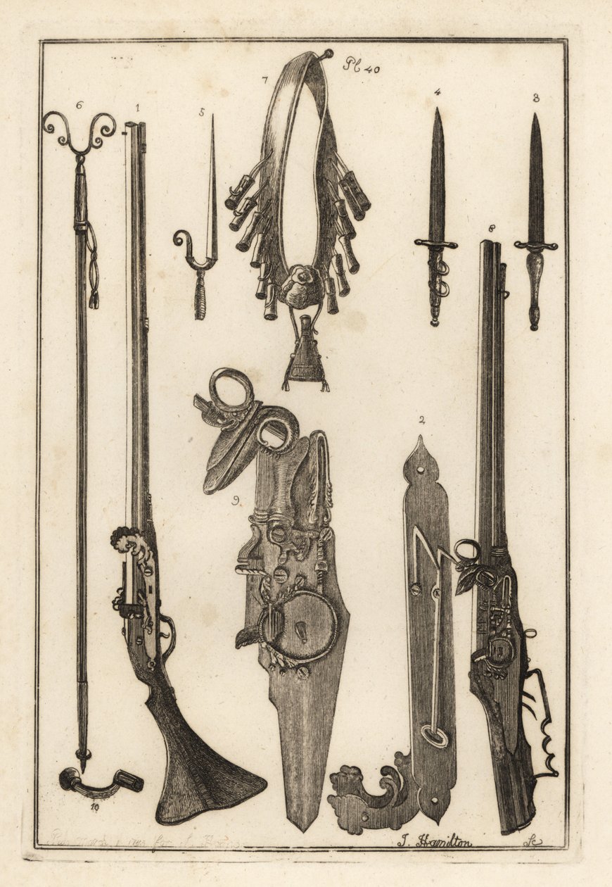 Matchlock-muskett, lås og bajonett fra Tower of London 1-3, bajonett 4, muskettstøtte og bajonett 5, muskettstøtte 6, bandilere og pudderkolbe 7, hjullås 8,9 og skiftenøkkel 10 av Unbekannt