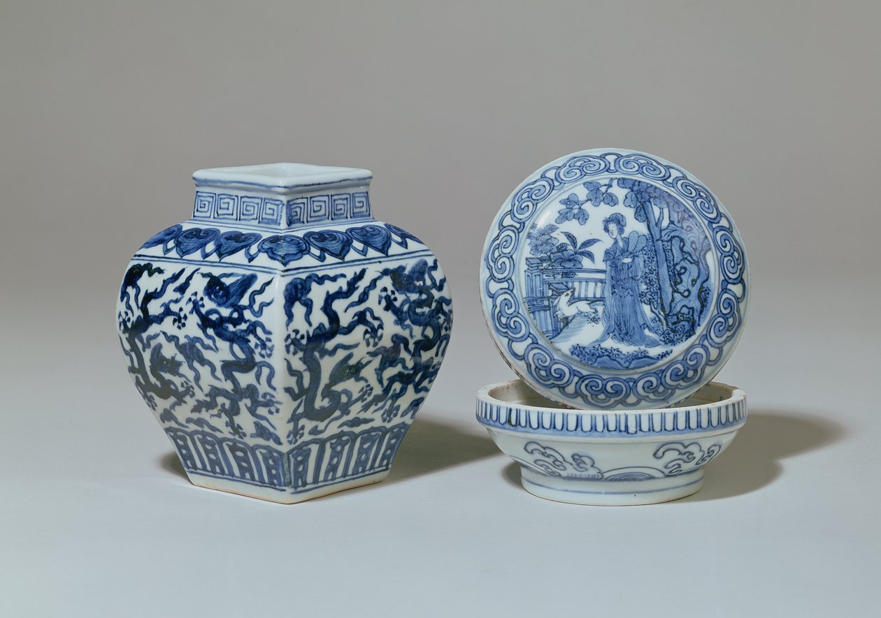 Ming blå og hvit firkantet balusterkrukke og sirkulær boks, Chia Ching-perioden (1522-66) av Unbekannt