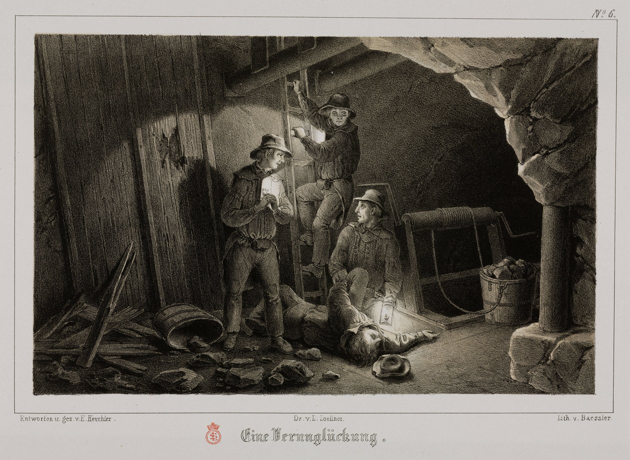Gruvedrift, metallmalmgruveulykke, Tyskland, ca 1851 av Unbekannt