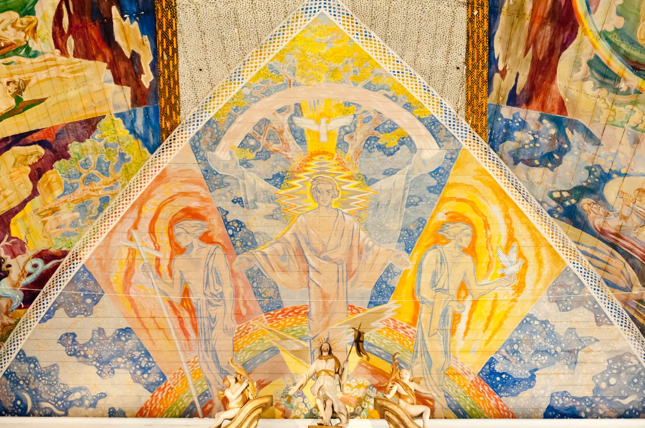 Moderne kunst; fargerikt takmaleri av Lou Mohr; """" Treenighet""""; 1938; maleri av Jesus Kristus ved Oslo domkirke; Olso Domkirke; Oslo; Norge; Skandinavia; Nord-Europa; Europa av Unbekannt