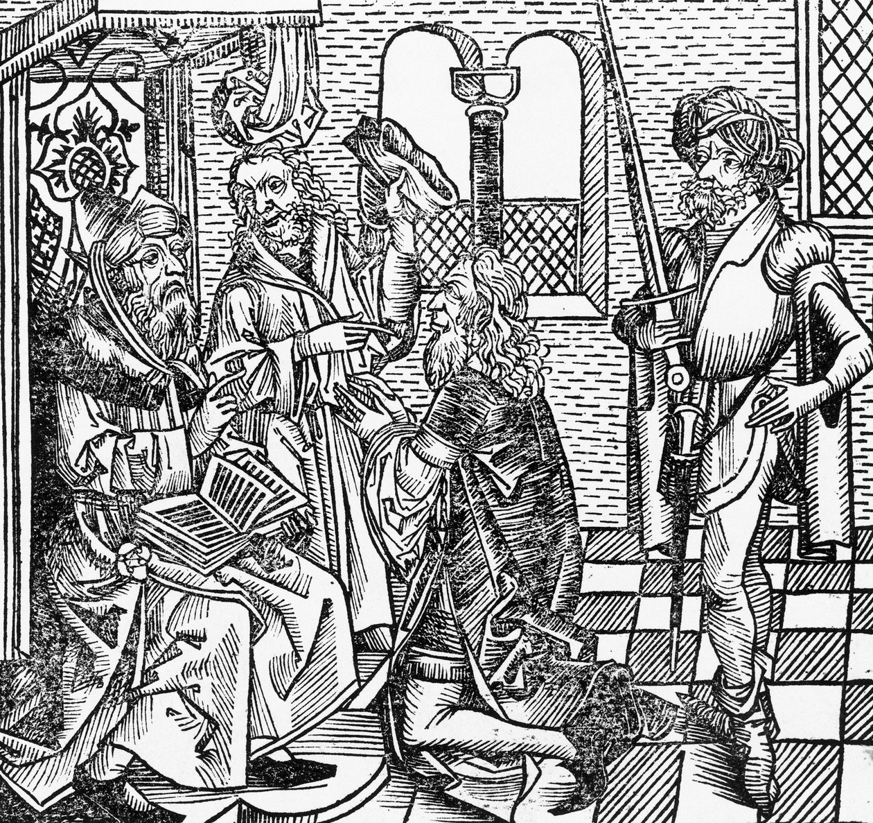 Mohammed ved hoffet, tysk tresnitt, fra Nuremberg Chronicle (Liber Chronicarum) av Hartmann Schedel av William M. Timlin
