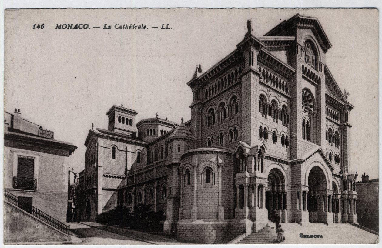 Monaco: utvendig utsikt over Cathedrale Notre Dame Immaculee (Notre-Dame-Immaculee) - Postkort sent på 1800- og 1900-tallet av William M. Timlin