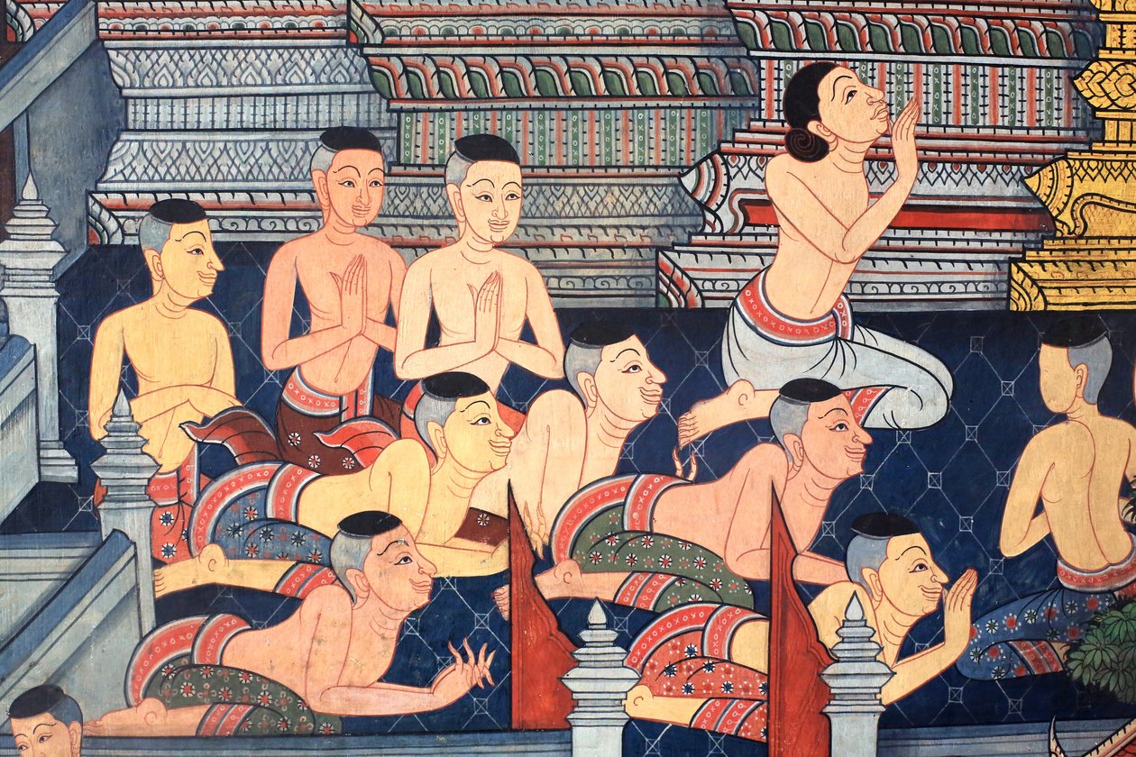 Munker. Veggdetalj på indre vegger av Vihara fra epoken til kong Rama III som viser Ramakian. Wat Pho - Wat Phra Chettuphon. 1788. Bangkok. Thailand av Unbekannt