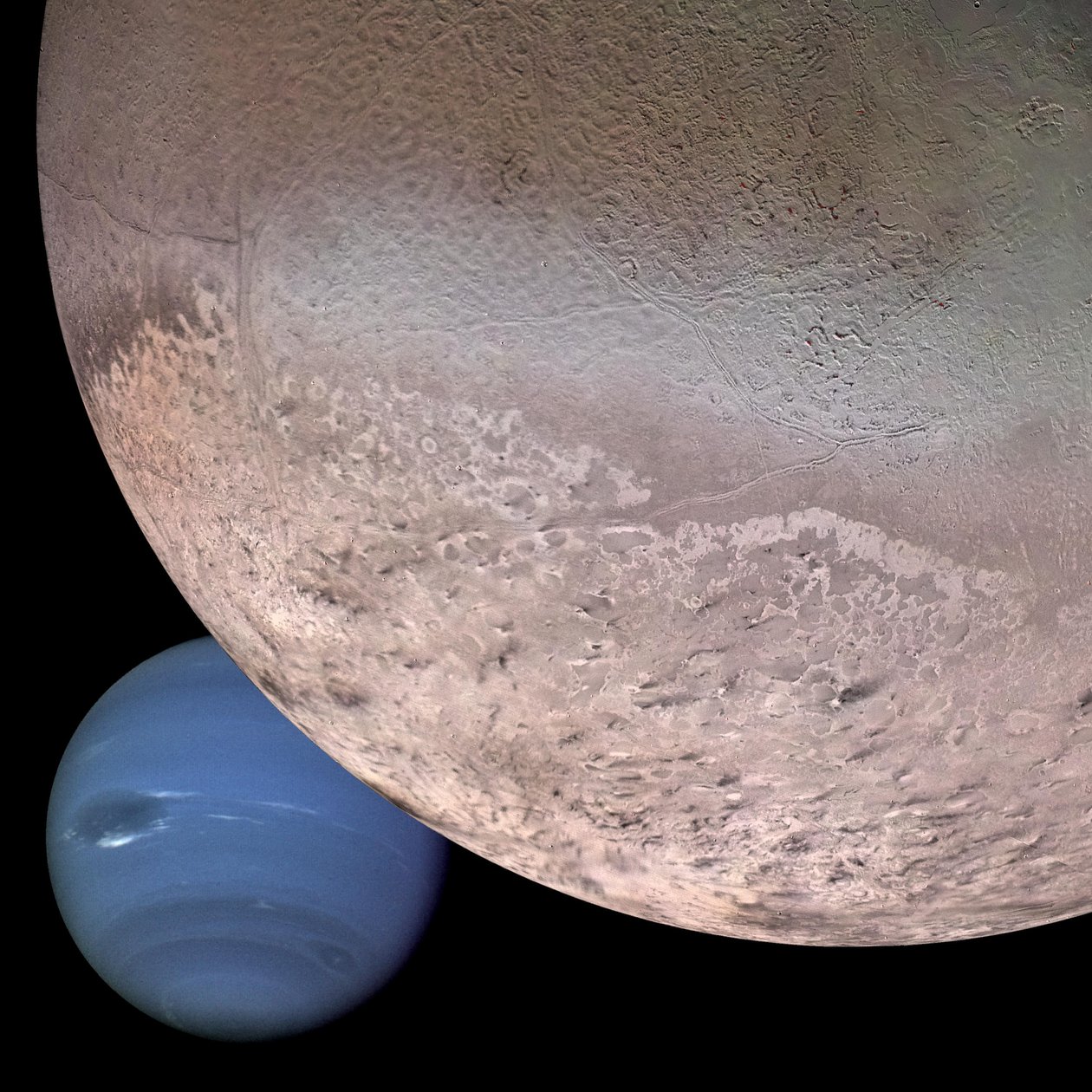 Montasje av Neptun og dets måne Triton (digitalt bilde) av Unbekannt