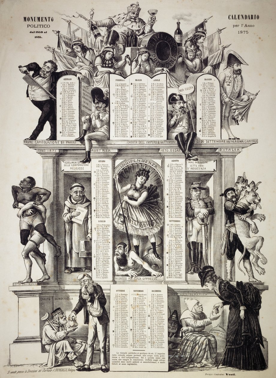 Monumental politisk kalender, år 1875, av Giorgio Ansaldi, også kjent som Dalsani (1844-1922), nederst til venstre, Grossi Augustos håndskrevne inskripsjon, grunnlegger av den satiriske avisen Il Pappagallo (Papegøyen), Italia av William M. Timlin