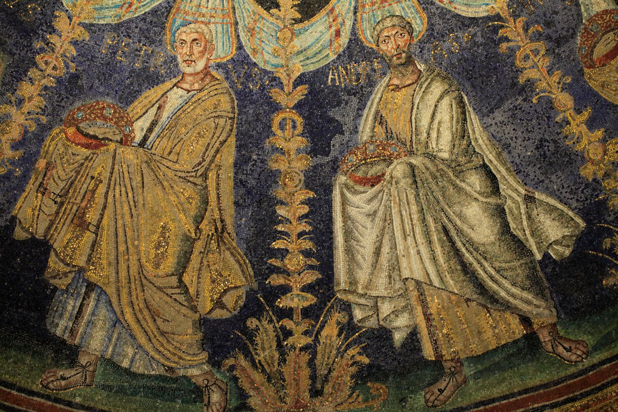 Mosaikk av taket i Baptistery of Neon. Detalj av prosesjonen til de tolv apostlene som fortsetter rundt midtmosaikken i to retninger, og endte med at Saint Peter møtte Saint Paul. 5. århundre, Ravenna, Italia. Registrert som UNESCO World Heri av Unbekannt