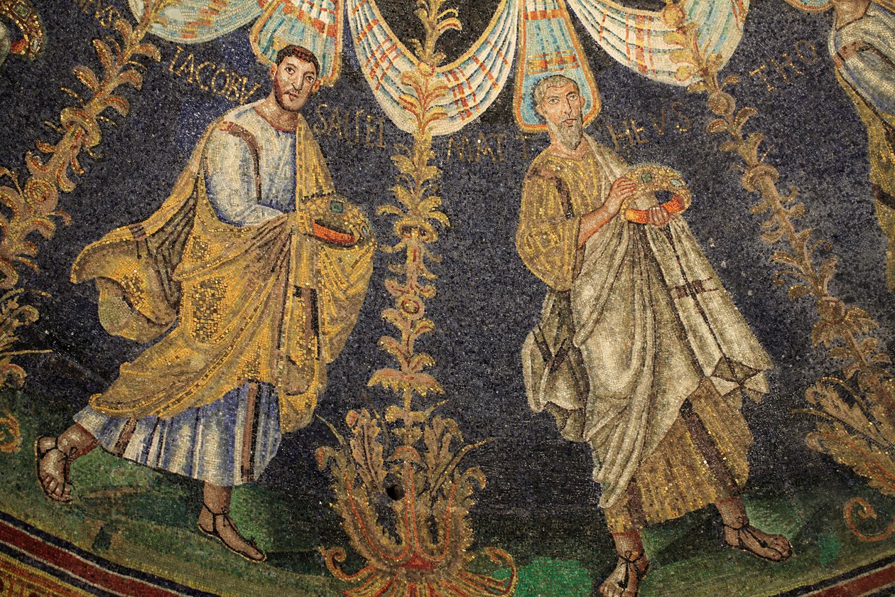 Mosaikk av taket i Baptistery of Neon. Detalj av prosesjonen til de tolv apostlene som fortsetter rundt midtmosaikken i to retninger, og endte med at Saint Peter møtte Saint Paul. 5. århundre, Ravenna, Italia. Registrert som UNESCO World Heri av Unbekannt
