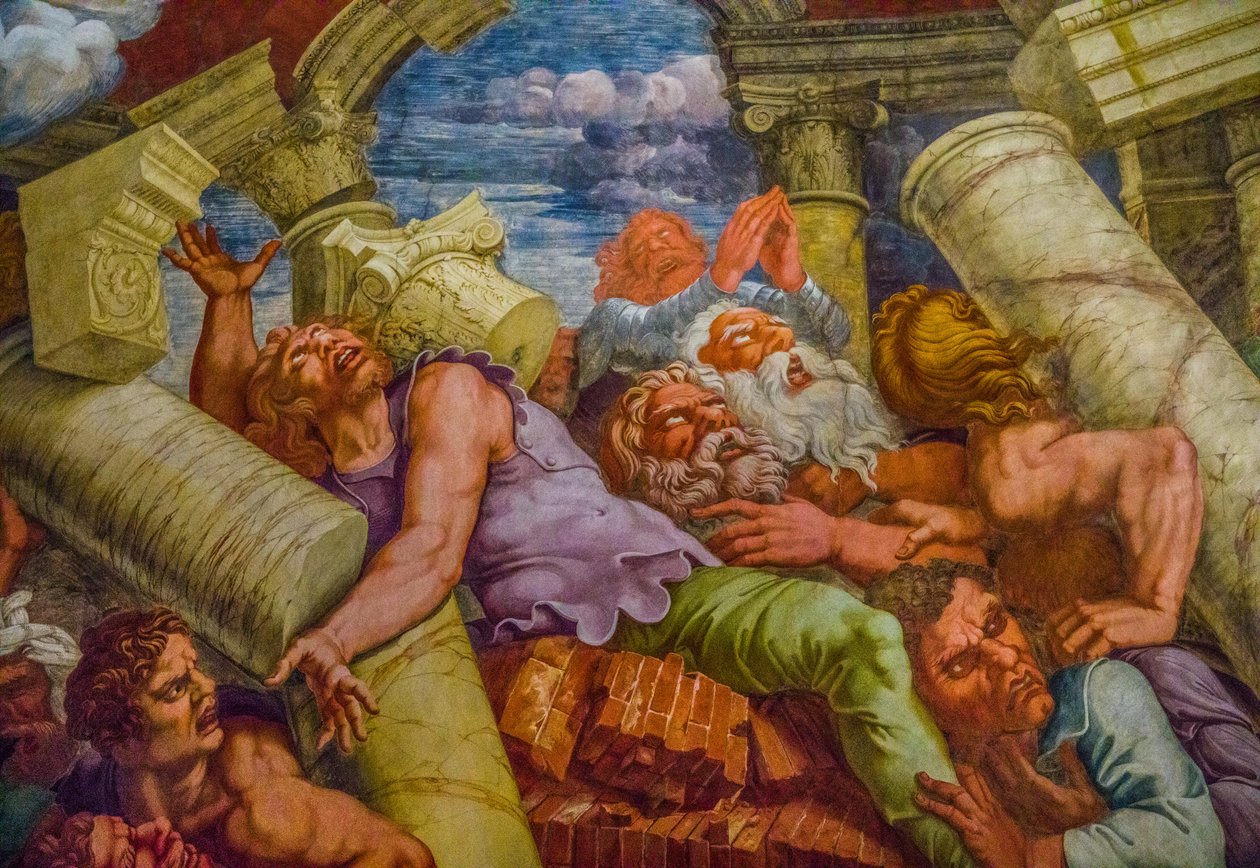 Mest kjent freskomaleri av manerisme: Giulio Romanos illusjon finner opp en kuppel og løser opp arkitekturen i rommet til gigantenes fall, Hall of the Giants av Unbekannter Künstler