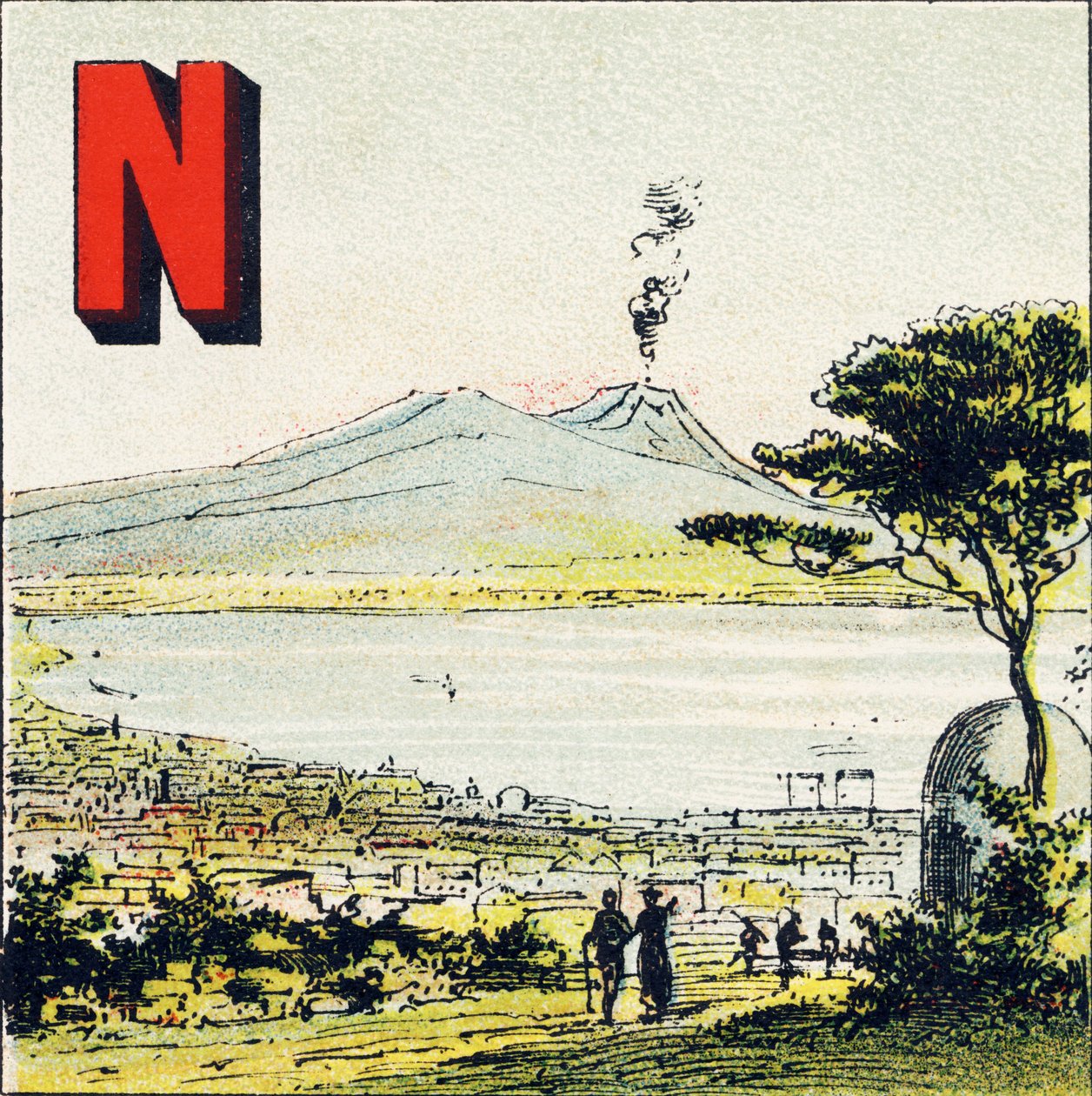 N: Napoli. Storslått by, som ligger sør i Italia - Gravering hentet fra Geografisk alfabet. Guerin-Muller et Cie, forlag, Paris av Unbekannt