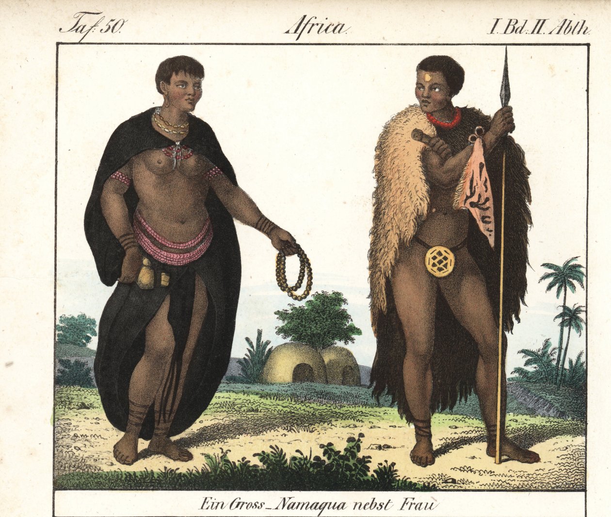 Nama-par (Sør-Afrika). Litografi for boken: «Komplett galleri med trofaste malerier av Afrikas folk» av Friedrich Wilhelm Goedsche (1785–1863), Meissen-utgave (Tyskland) av Unbekannter Künstler