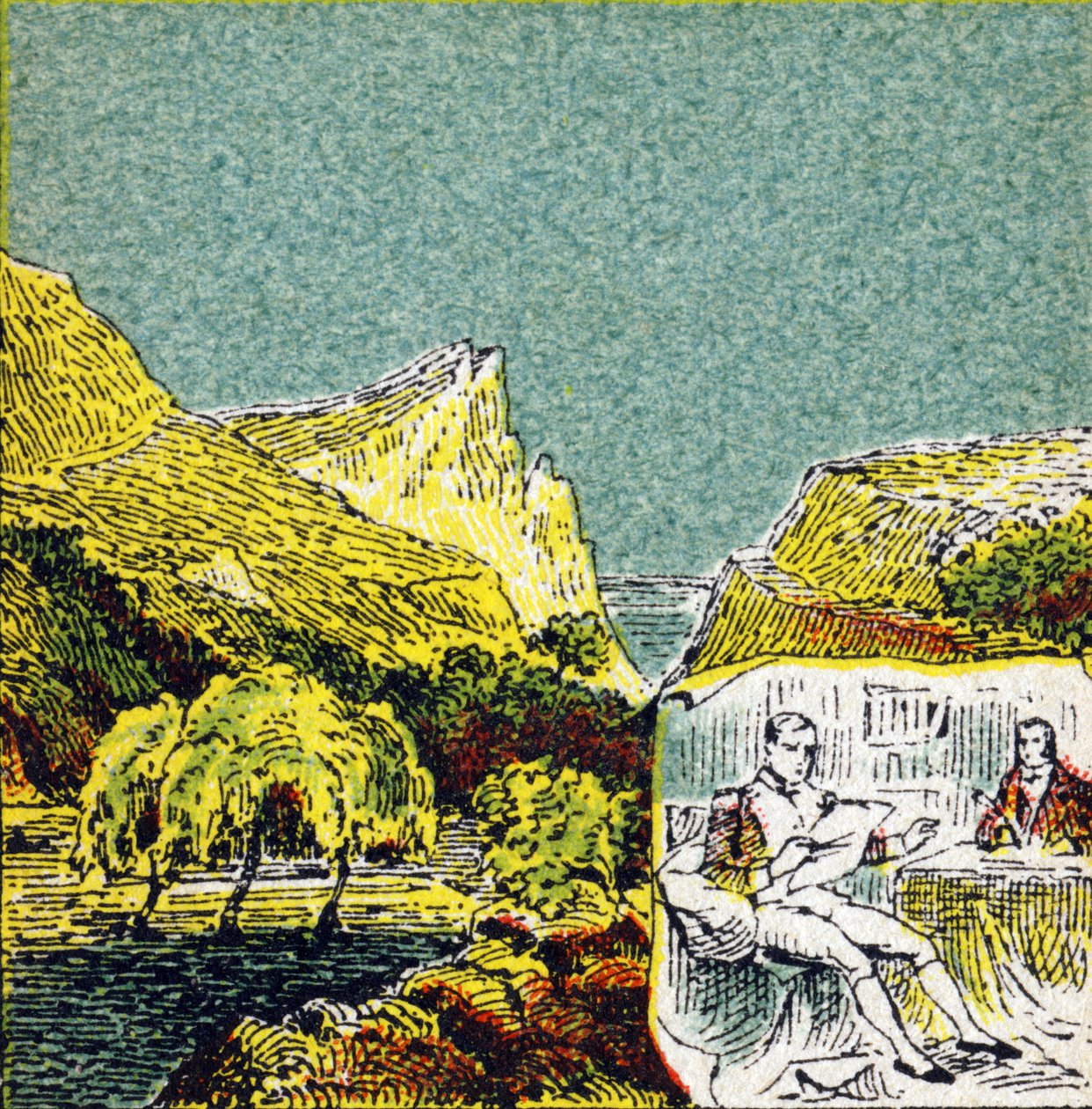 Napoleon I Bonaparte i eksil på øya Sainte Helene . Gravering i "Histoire de France". Serie med reklamebilder publisert på vegne av Louit, 24 rue d'Eysines-a-Bordeaux, ca. 1920. Total bildestørrelse: 7,8x5,5 cm . av Unbekannt