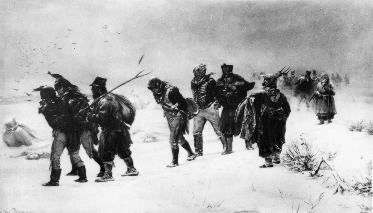 Napoleonskrigen i 1812, tilbaketrekning av den franske hæren i 1812, fra et maleri av Pryanishnakov. av Unbekannt