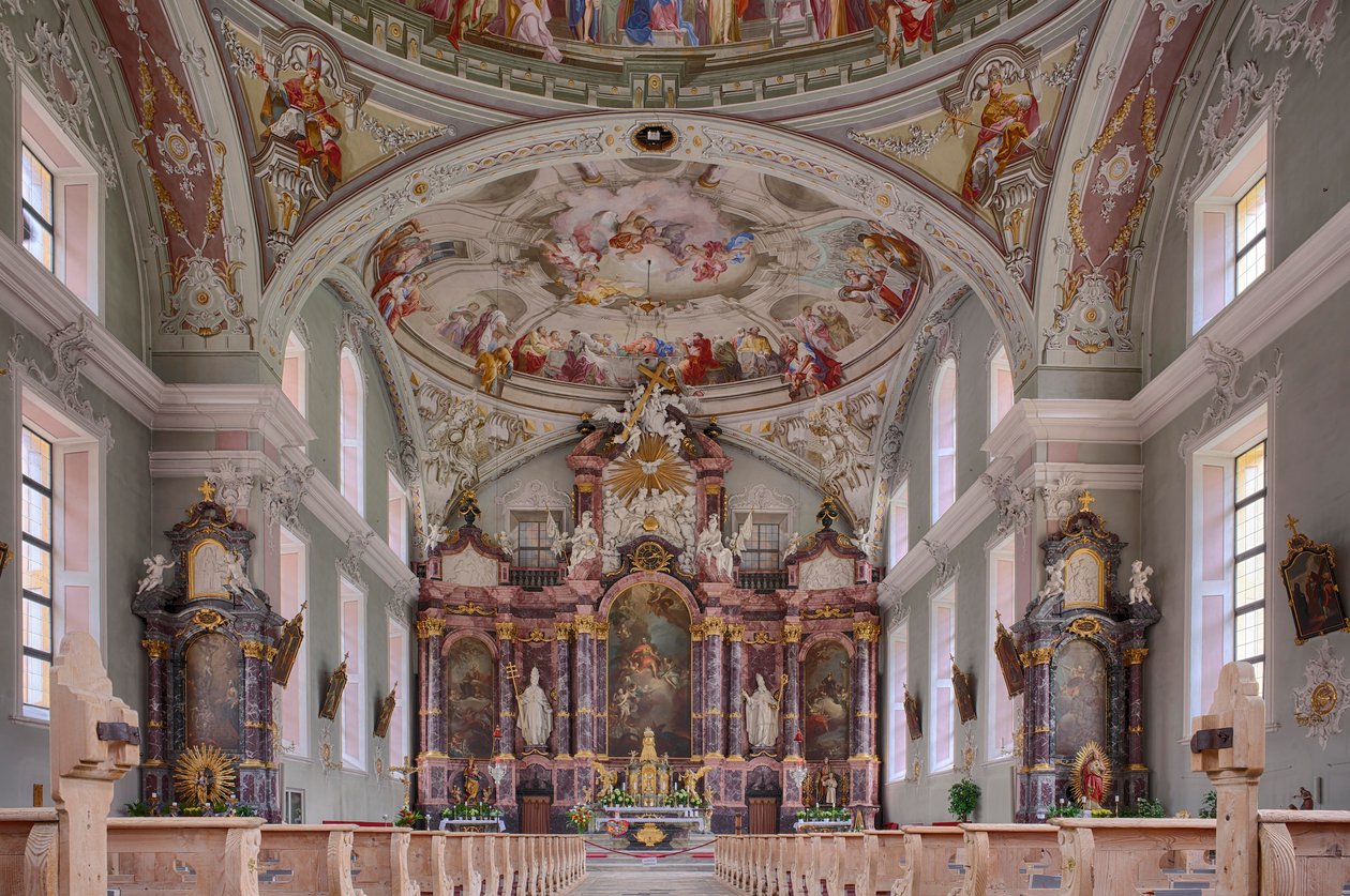 Skib, alter, takmaleri, interiørfotografi, St. George katolske sognekirke, Neustift, Stubaidalen, Tyrol, Østerrike, Europa (foto) av Unbekannter Künstler