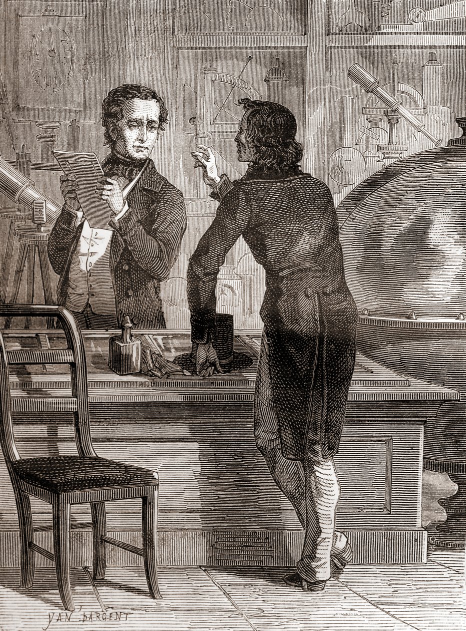 Nicéphore Niépce, mens fortsatt ukjent og fattig, i Charles Chevaliers optikk- og instrumentbutikk, fra Les Merveilles de la Science, publisert ca. 1870 (gravering) av Unbekannt